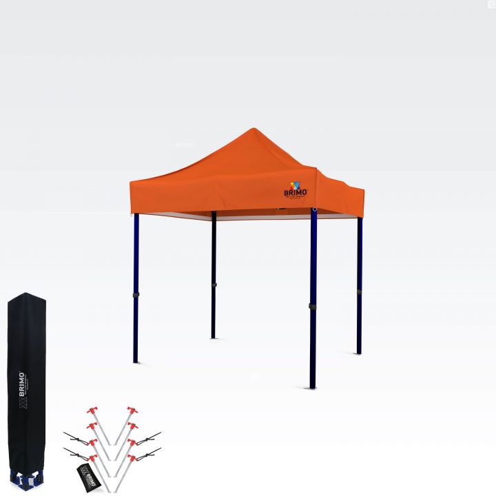 Orange foldable tent 2x2m Brimo with accessories – pegs and transport protective bag.