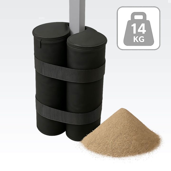 Sandbelastningssæk til telt med sakse, klar til at blive fyldt med sand